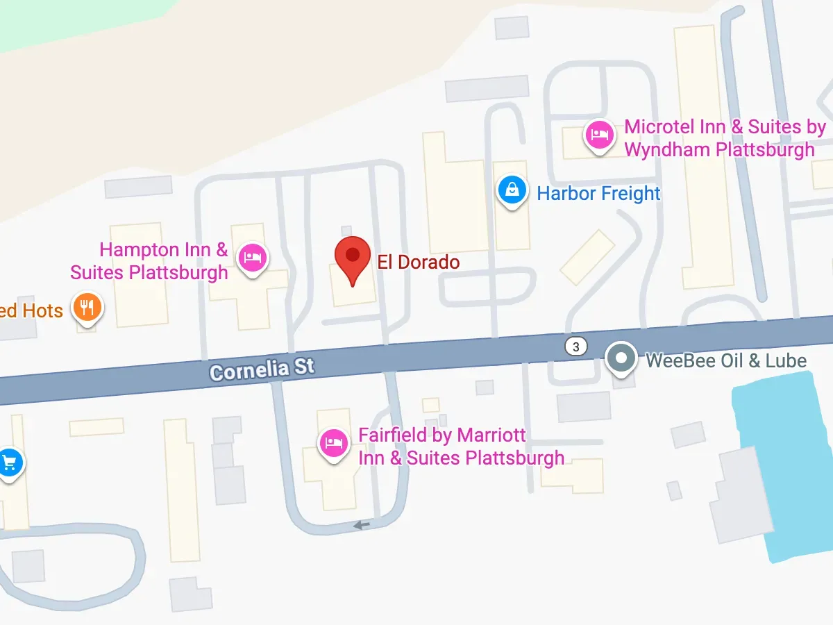 Map showing location of El Dorado Mexican Restaurant in Plattsburgh, NY